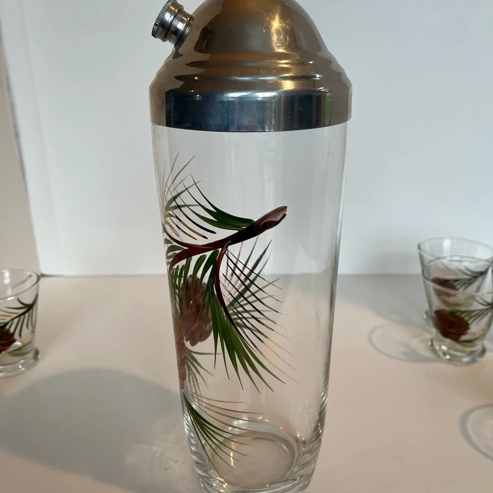 Rare Vintage Cocktail Shaker and Six Glasses Hand-painted Pine and Pinecones